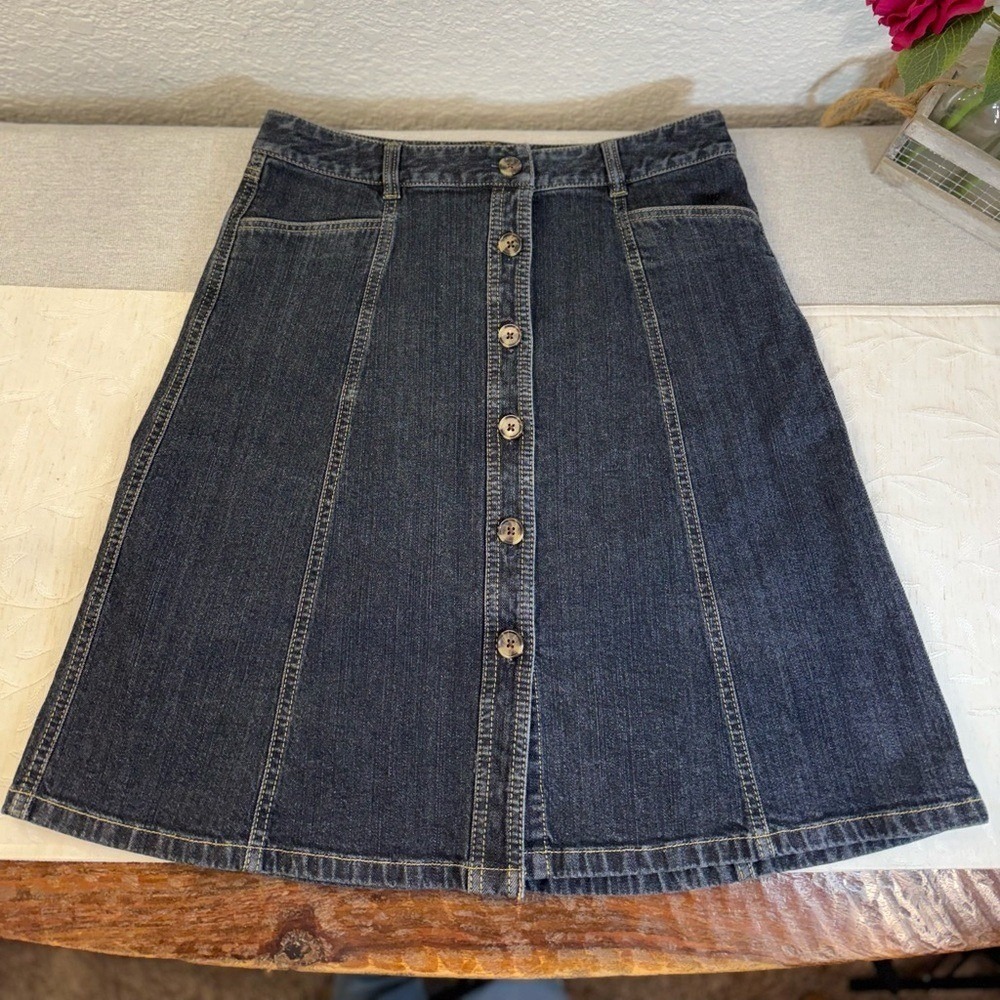 Ann Taylor Petites Size 8P Dark Wash Denim Button-Front A-Line Skirt